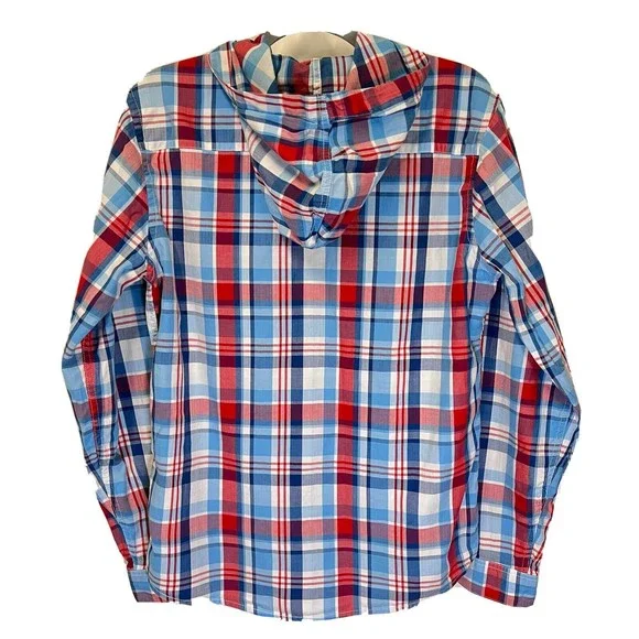 Levis Modern Fit Hooded Button Up L/S Shirt Mens Medium Red White Blue Plaid - Picture 2 of 16